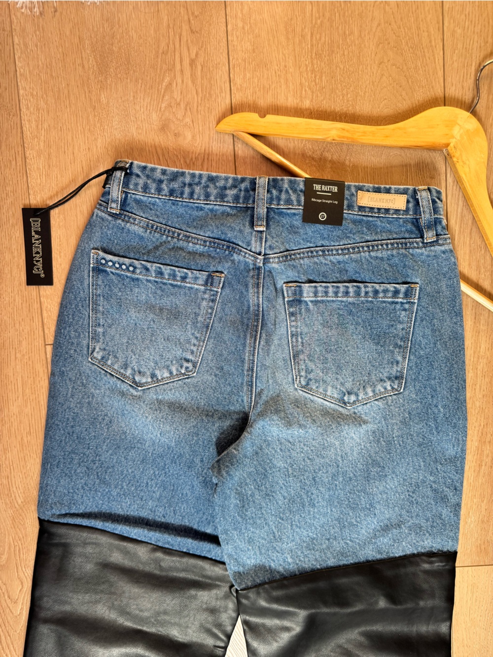 Blank NYC Two-Tone Blue Denim and Faux Leather Wide Leg Jeans | Size 27 - Picture 13 of 15